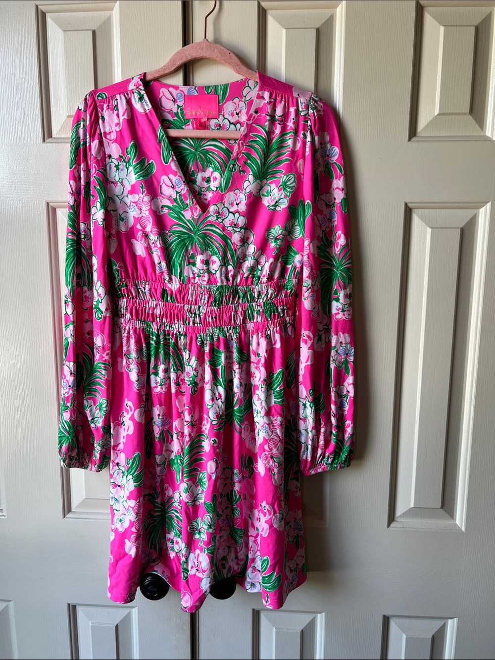 Lilly Pulitzer Fuchsia Tropical Floral V-Neck Long Sleeve Dress